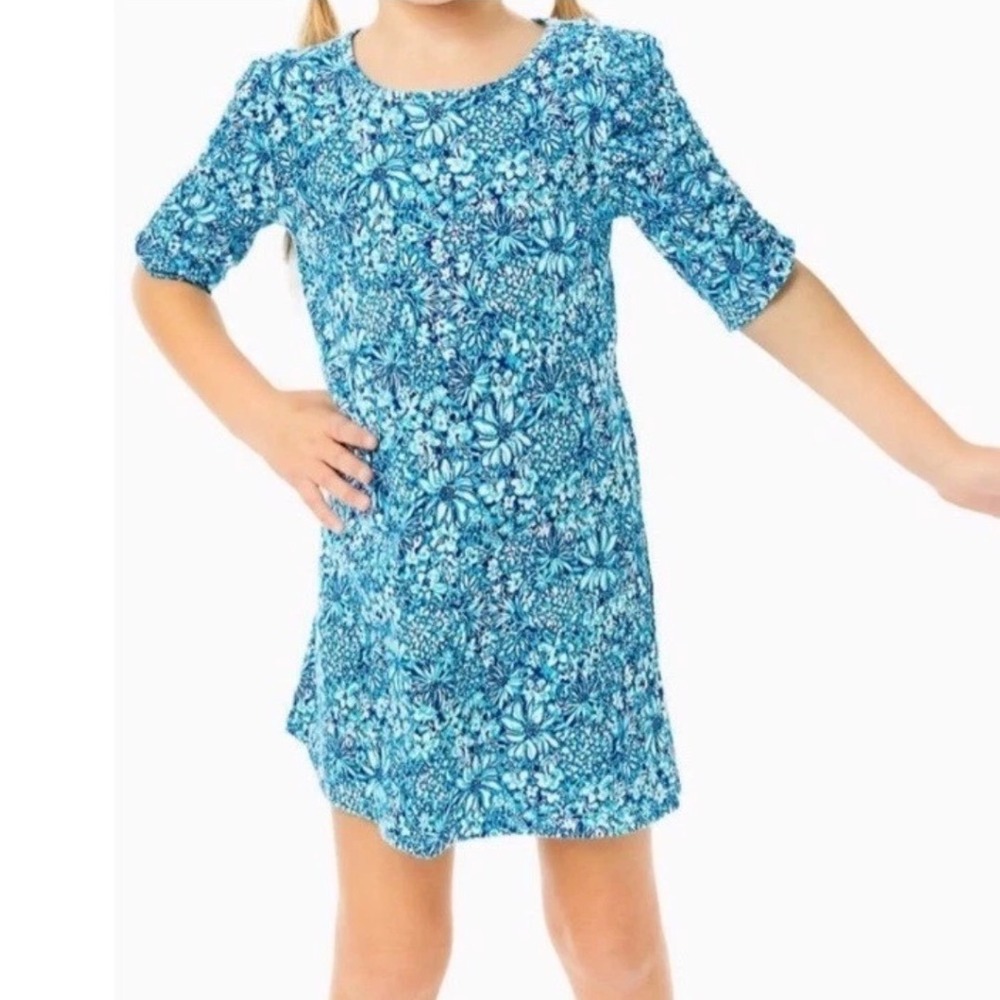 Lilly Pulitzer Mini Belden Dress Girls Blue Floral Cotton Ruched Large Preppy‎